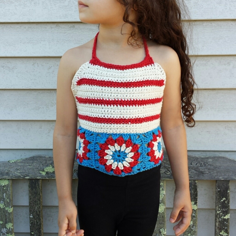 Handmade Crochet Girls Boho Patriotic Granny Square Halter Top 4/5